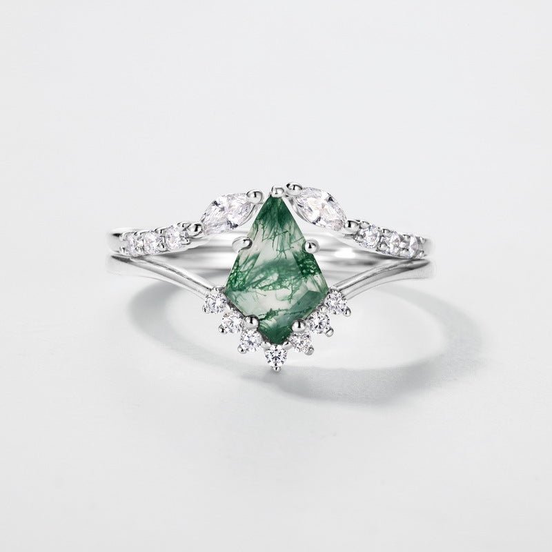 Vintage Kite Cut Green Moss Agate Engagement Ring Set Women Unique Bridal Wedding Ring Set Gift