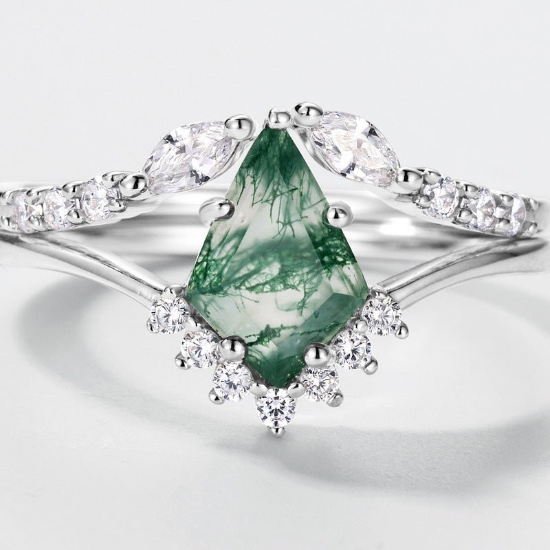 Vintage Kite Cut Green Moss Agate Engagement Ring Set Women Unique Bridal Wedding Ring Set Gift