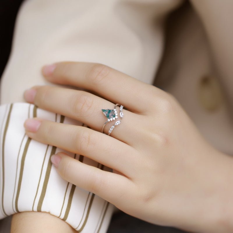 Vintage Kite Cut Green Moss Agate Engagement Ring Set Women Unique Bridal Wedding Ring Set Gift