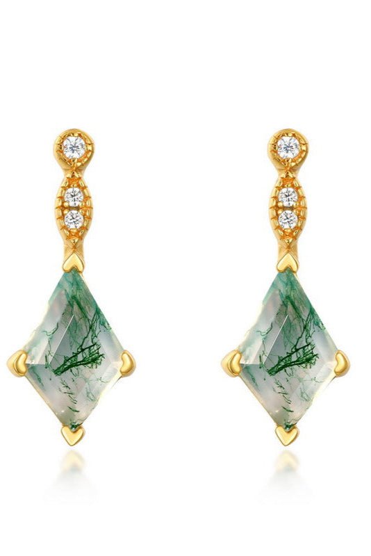 Vintage Kite Cut Moss Agate Earrings Natural Gemstone Jewelry Art Deco Earring Gift for Her