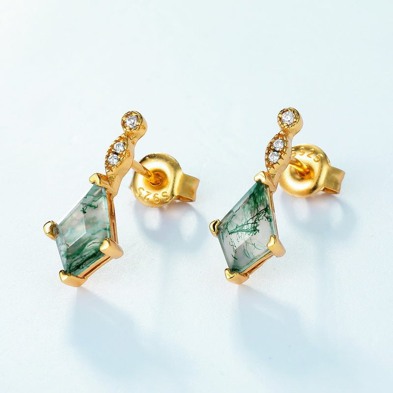Vintage Kite Cut Moss Agate Earrings Natural Gemstone Jewelry Art Deco Earring Gift for Her