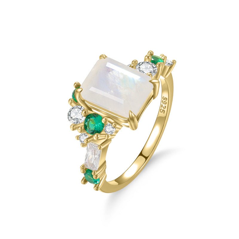 Your Choice: Moissanite or Natural Moonstone Emerald Cut Engagement Ring in 925 Silver