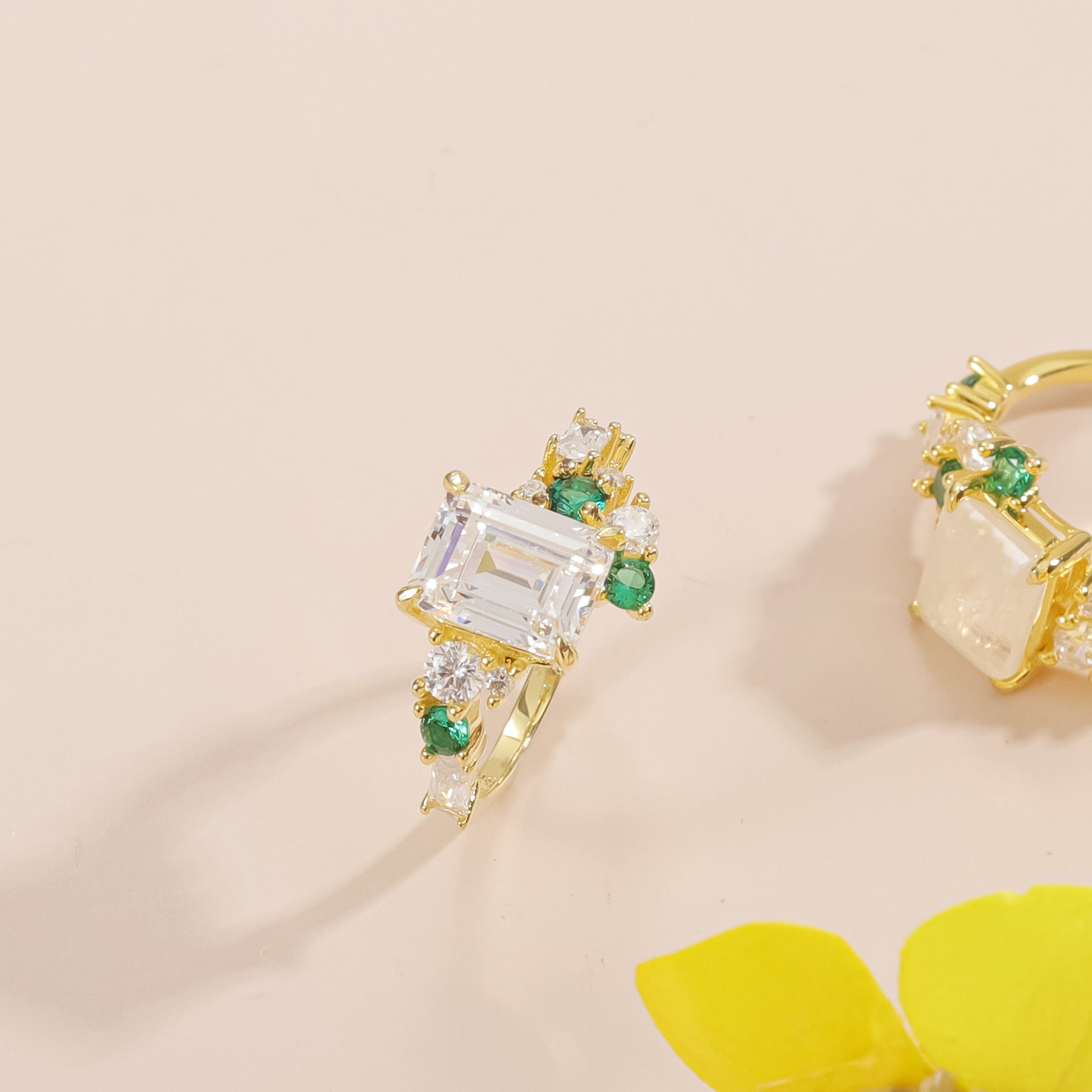 Your Choice: Moissanite or Natural Moonstone Emerald Cut Engagement Ring in 925 Silver