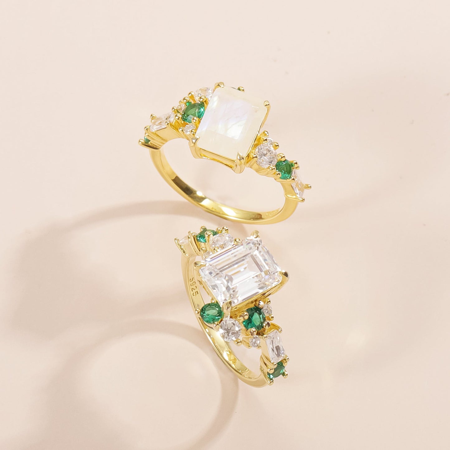 Your Choice: Moissanite or Natural Moonstone Emerald Cut Engagement Ring in 925 Silver