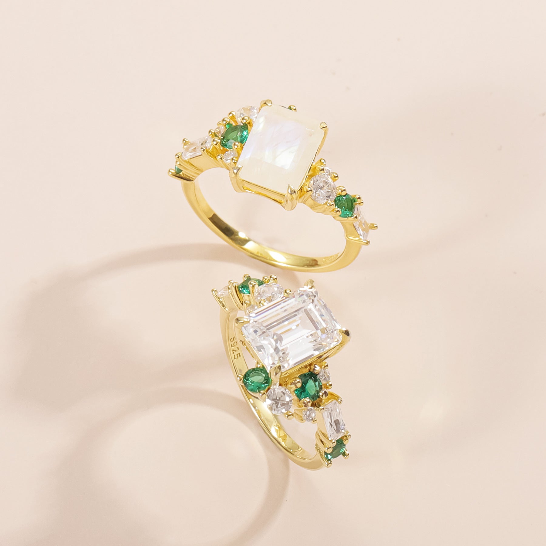 Your Choice: Moissanite or Natural Moonstone Emerald Cut Engagement Ring in 925 Silver